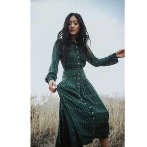 Free People Womens Green Diamond Head Embroidered Western Midi Shirt Dress Sz XL
